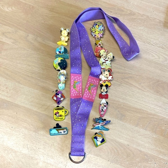 Authentic WDW Tinker Bell Lanyard With 15 Trading Pins 2002-08 & Cinderella Clip - Picture 7 of 10